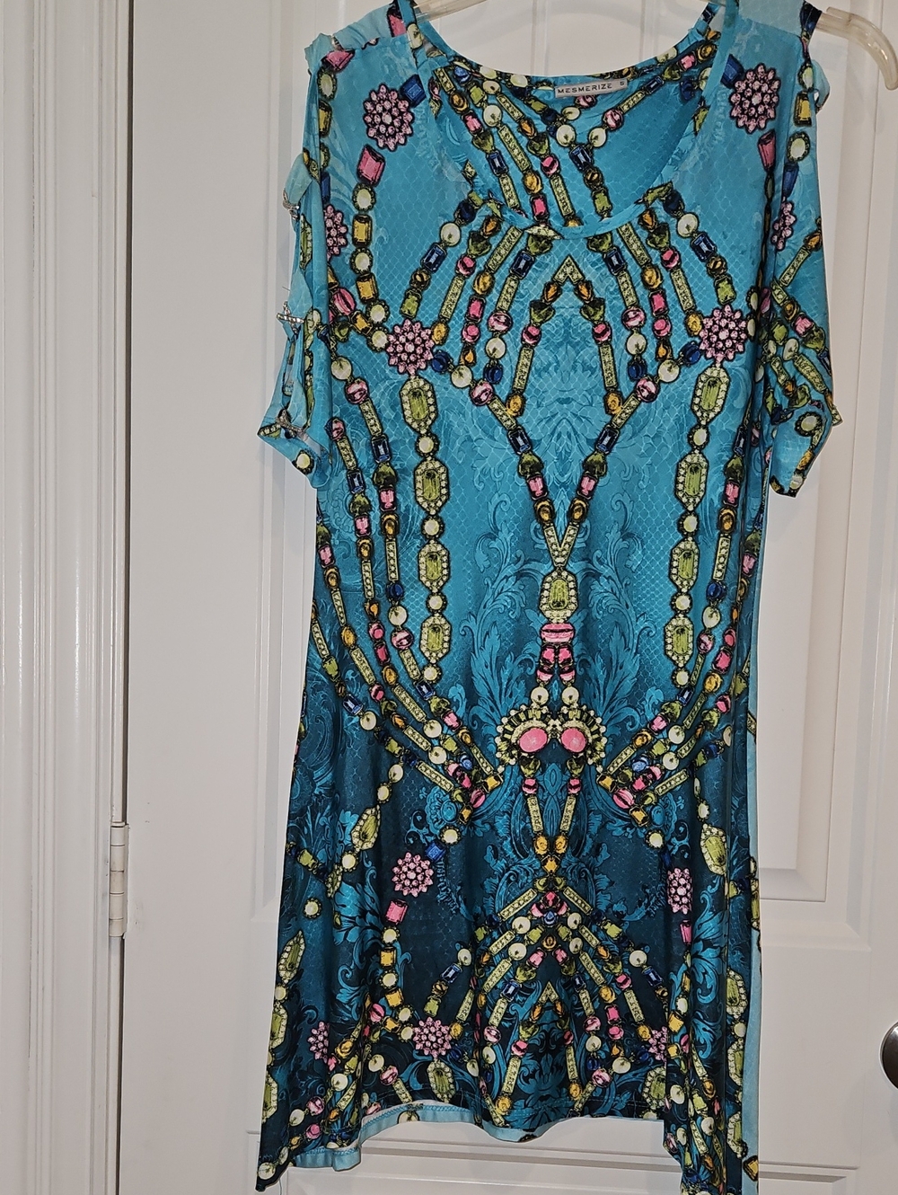 Turquoise Beaded-Print Cold Shoulder Dress